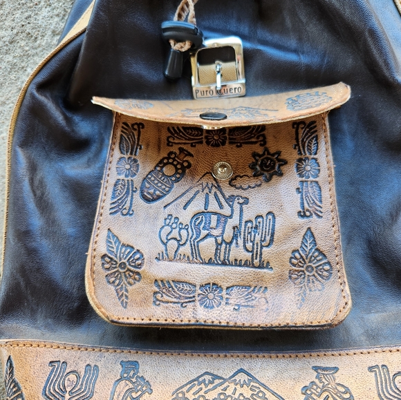 Puro Cuero Backpack  Leather Adjustable Straps Aztec Southwest Bag Purse - Picture 6 of 7